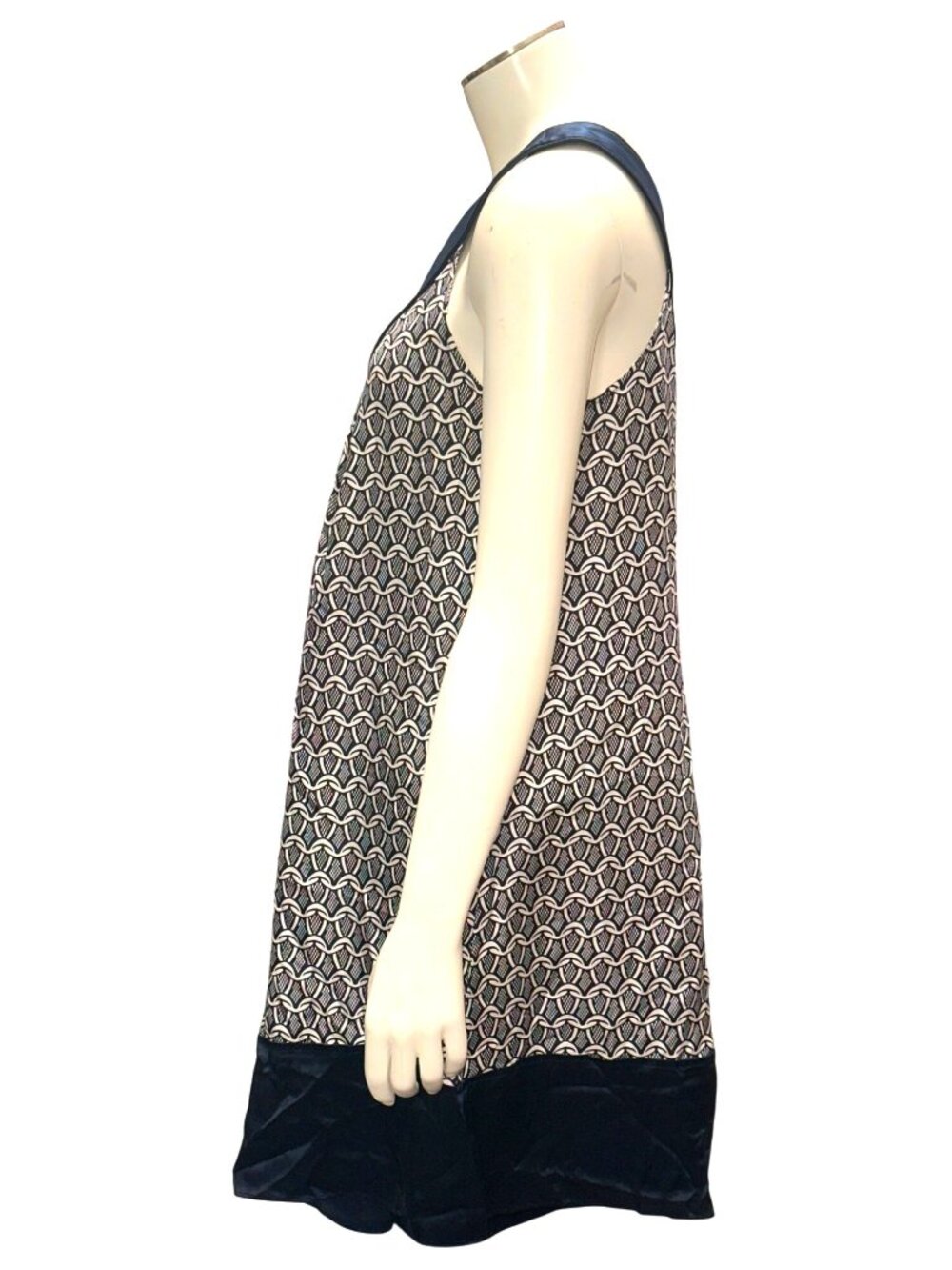 7 For All Mankind M Navy Ivory Silk Shift Dress Geometric Mod Glamcore City Chic - Picture 3 of 10